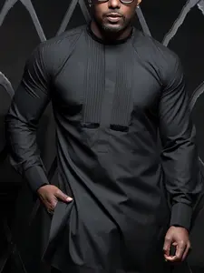 2 pcs-set Menswear, Chest Pleats Design, Overall Black, Crewneck Shirt and Drawstring Trousers For Dates, Street, Party, Cool and Casual Look