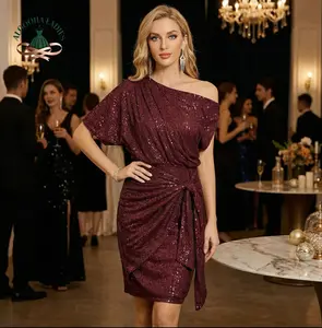 Women's One-Shoulder Glitter Burgundy Bodycon Evening Gown Elegant Party Prom Graduation Wedding Guest Birthday Valentine's Day Outfit Strapless 100% Polyester High Elasticity