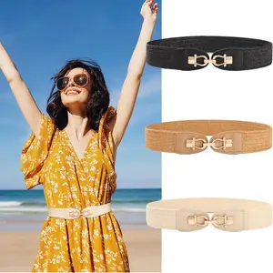 2-Piece Set Women Straw Belt Elastic Waist Metal Buckle Breathable Elegant Boho Braided Belt for Dress Casual