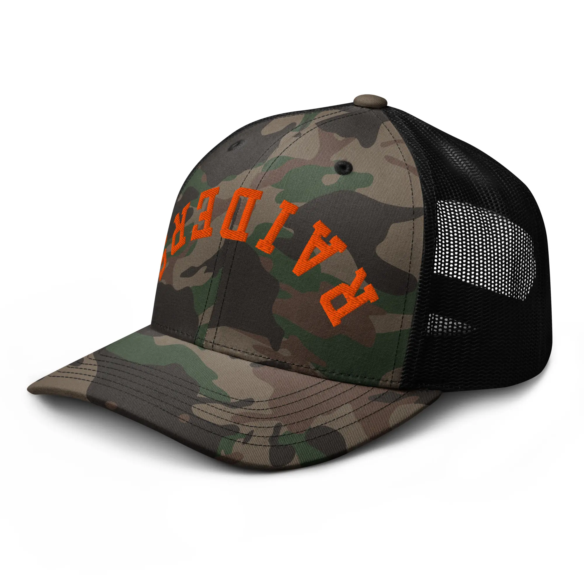 RIVEMUG NX Upside Down Raiders Camo Trucker Hat Embroidered Curved Bill Low Crown Adjustable Cap for Men and Women