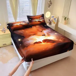 Dreamy and healing little fox-themed fitted sheet set,Includes 1 Fitted Sheet & 2 Pillowcases without Filler,Warm and soft light effect,Gentle and dreamy feel,Warm and anti-pilling,Suitable for all seasons, Comfy Bed Sets