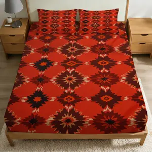 2/3 Pcs Red Geometric Pattern Theme High-Definition Digital Printed Pattern Bedding Fitted Sheet Set(1*Fitted Sheet Set+1/2*Pillowcase,no Filling),With Zipper,Machine Wash,Multiple Sizes Suitable For All Seasons,Suitable For Bedrooms,Gift For Family