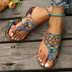 Women's Bohemian Floral Pattern Slippers Sandals, Casual Ring Toe Flat Summer Shoes, Women Lightweight Slippers