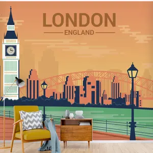 London Skyline Vector Peel and Stick Wallpaper - Big Ben Tower Travel Decor, Removable Wall Mural, Cityscape Wall Art for Home or Office