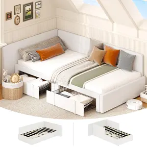 Gaomon Twin Velvet Upholstered Adjustable Daybed Bed Frame with Corner Frame, Headboard, Bed Rails, Storage Drawers, Modern Kids Furniture for Living Room, Easy Assembly, Beige, Adjustable Bed Frame