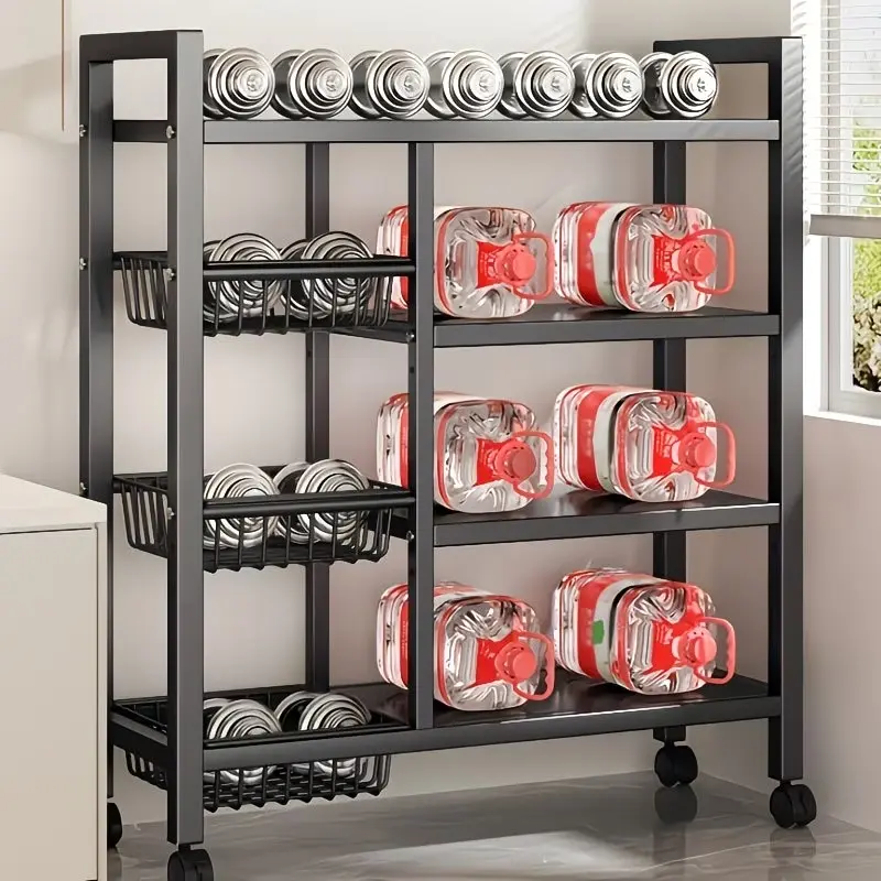 1pc Movable Storage Rack, Adjustable Kitchen Shelf Baskets, Kitchen Organizer And Storage, Metal Shelf Rack with Wheels, Suitable for Garage, Pantry, Bathroom, Closet, Warm House Gift, New Home, Standing Shelf