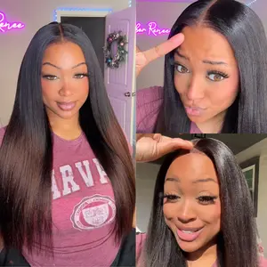 KissLove 13x4 Lace Frontal Glueless Ombre Black to Brown Yaki Straight Wig with Drawstring Chestnut Brown Pre-plucked 100% Virgin Human Hair Invisible Drawstring Ombre Brown Yaki Straight Wig