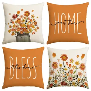 4pcs Thanksgiving Autumn, Cozy Pillow Cover, Vintage Pottery Bouquet Pillow Cover, Orange Flower Home Decoration Autumn Harvest Cushion Cover, Suitable for Bedroom, Living Room, Sofa, Farmhouse (No Pillow Core)