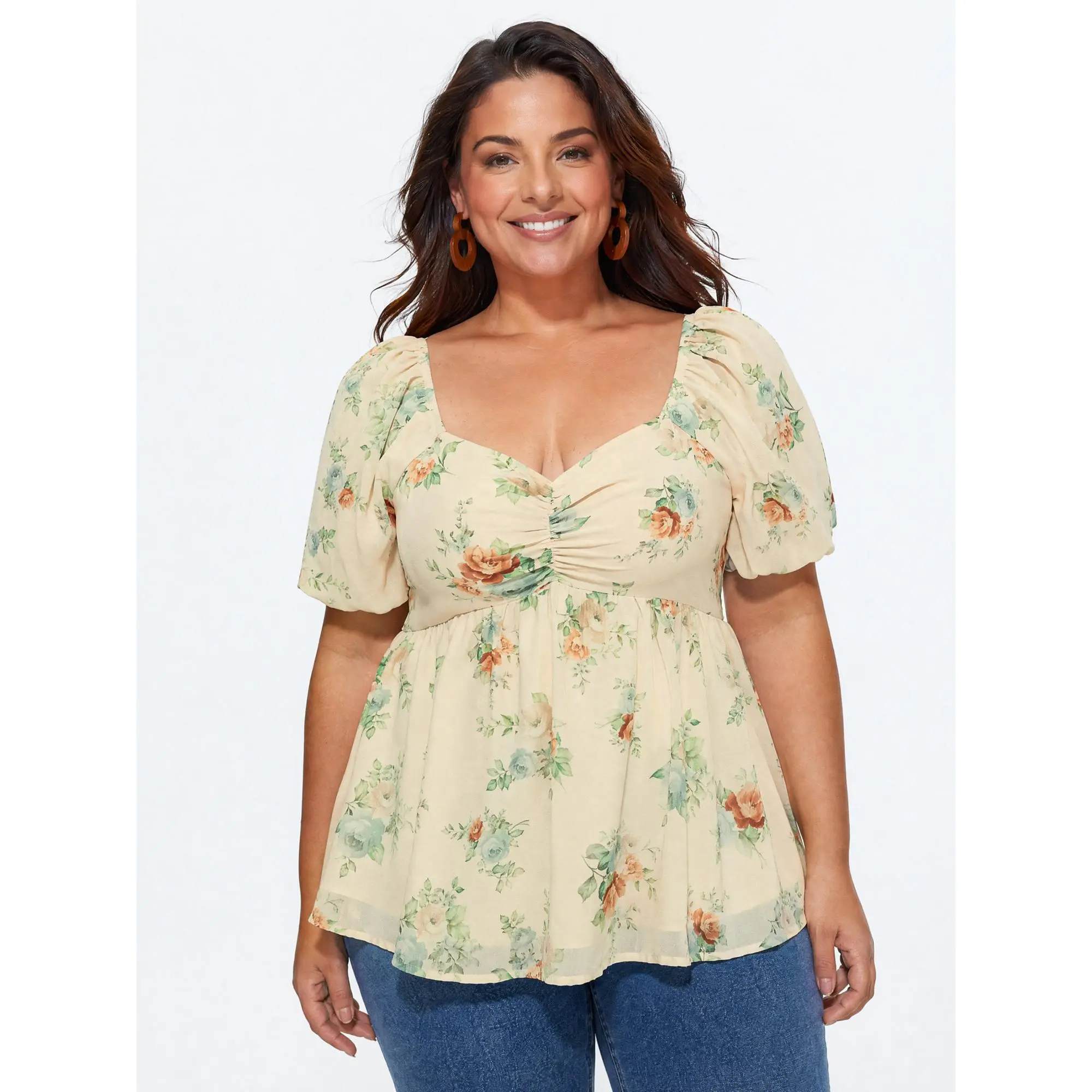 BLOOMCHIC Women's Plus Size Elegant Short-Sleeve Ditsy Floral Print Blouse - Polyester Smooth Fabric, Ruched Shirred Back, Flattering Fit Garment, Machine Washable, Lantern Sleeves [M-6X] 2026 Summerfinds, Romantic Tops, Shirts, Machine Wash