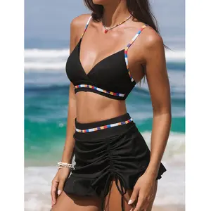 Women's Two-Piece Tankini Set, Sexy Spaghetti Strap Camisole Top with Ruffled Skirt, Fashion Color-Block Straps Backless Vacation Separates Swimsuit