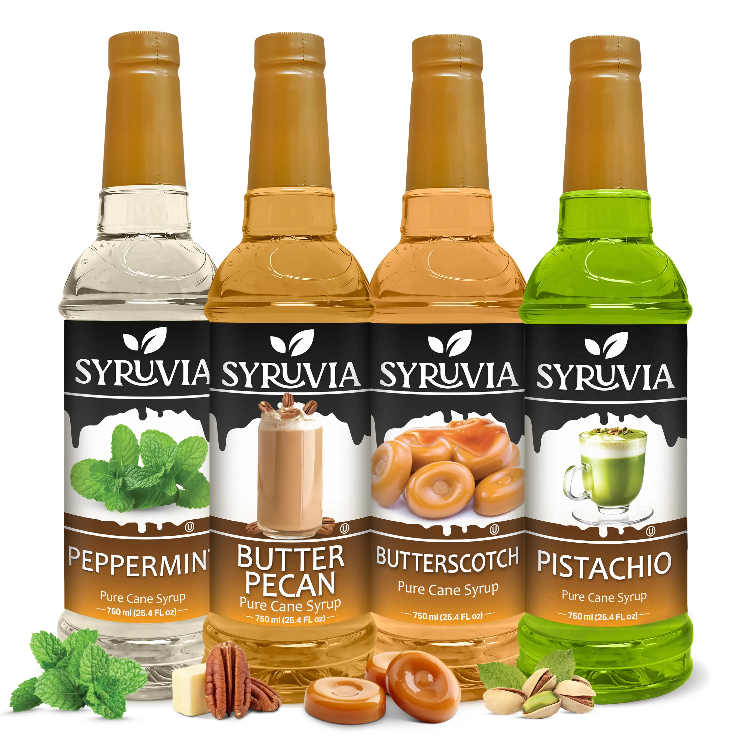 Syruvia Coffee Syrup Variety Pack – Peppermint, Butter Pecan, Butterscotch & Pistachio – Perfect for Coffee, Lattes, Iced Tea & Desserts – 25.4 Fl oz Bottles (4 Pack)