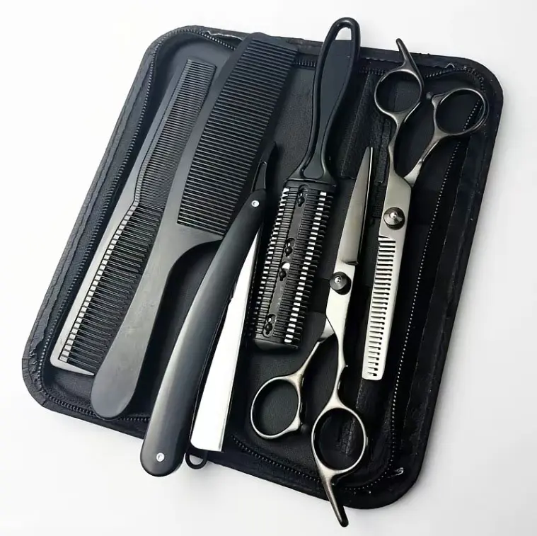 6-Piece Barber Haircutting Kit with Cutting Scissors Thinning Shears Straight Razor Texturizing and Styling Combs Storage Case - Black Hair Volumizer Lightweight Haircare