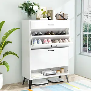 Hooseng Modern Minimalist White Shoe Storage Cabinet with 2 Drawers & Hidden Storage for Entryway Hallway & Closet Organization Easy Assembly & Flip Down Design for Home Furniture Interior Interior