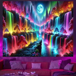 Glow-in-the-Dark Neon Galaxy Tapestry, UV Reactive Blacklight Waterfall & Rainbow, Polyester,  Perfect for Dorms, Living Rooms, Garden, Universal Use, Birthday, Anniversary, Bachelor Party, Living Room, Gard