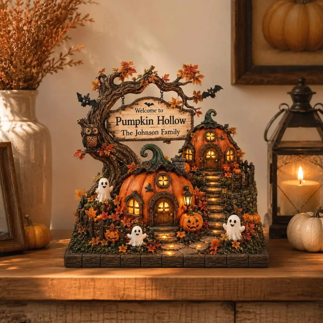 Custom Pumpkin Hollow Halloween Wooden Block, Pumpkin Village Shelf Sitter, Spooky Fall Village Shelf Display, Fall Gift,Rustic Autumn Decor
