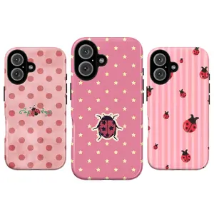 Cute Cottagecore Ladybug Phone Case – Aesthetic Coquette Girly Phone Cover for iPhone 17 16 15 14 13 12 11 Pro Max, Y2K Preppy Pink Striped & Polka Dot Pattern, Trendy Gift for Her Women Girls