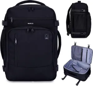 ECOHUB 17" Small Travel Backpack, United Airlines Personal Item Bag 17x10x9 with 16 Pockets, Water Resistant Rucksacks Fit 15.6" Laptop, AirTag Pocket, Lightweight Casual Daypack, 25L, Black