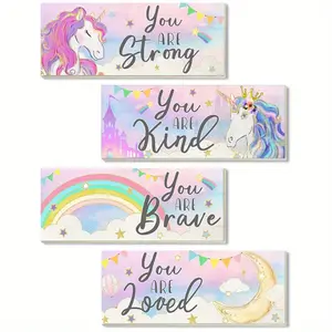 4-Piece Unicorn Wall Art Set for Girls Room, Inspirational Quote Board for Bedroom and Nursery, Rectangle Shape with Motivational Unicorn and Rainbow Design, Unframed Wall Art Painting Wall Decoration Decorative Artwork