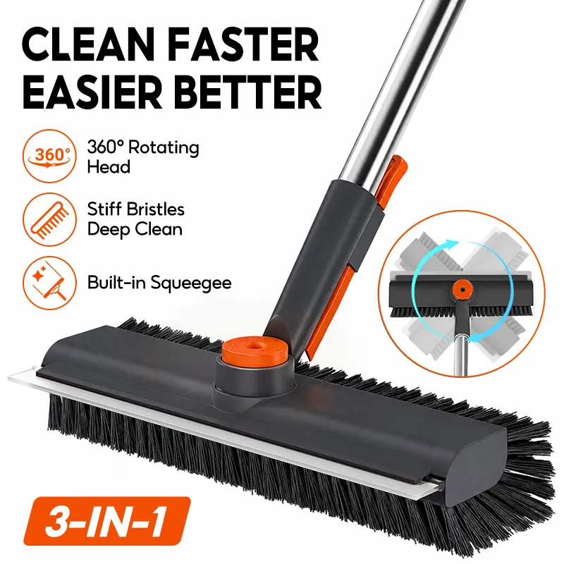 3-in-1 Stainless Steel Adjustable Long-Handle Floor Scrub Brush (30in-54in) - ABS Bristle Scraper Broom, Water Broom, Rotating Head Scrubber-Squeegee Combo for Interior Home Cleaning Bundle, Household Cleaning Supplies