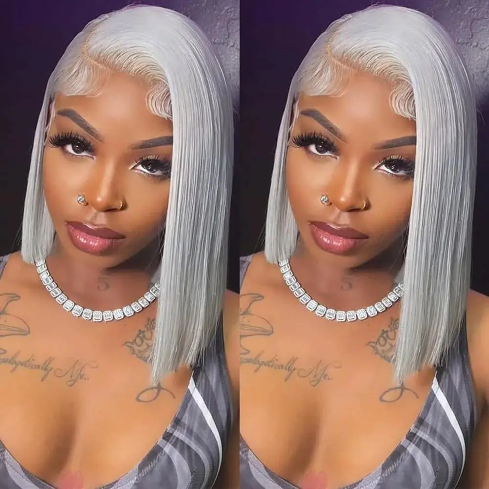 Yeswigs Grey Color Pixie Cut Bone Straight Short Bob Wig Glueless Lace Frontal Bob Wig Human Hair Wear And Go 13×4 HD Lace Frontal Wig For Black Women
