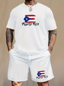 Men's Plus Size Sportswear Set, Puerto Rico Print T-Shirt & Drawstring Shorts, Loose Fit, Short Sleeve, All Seasons, Casual Style