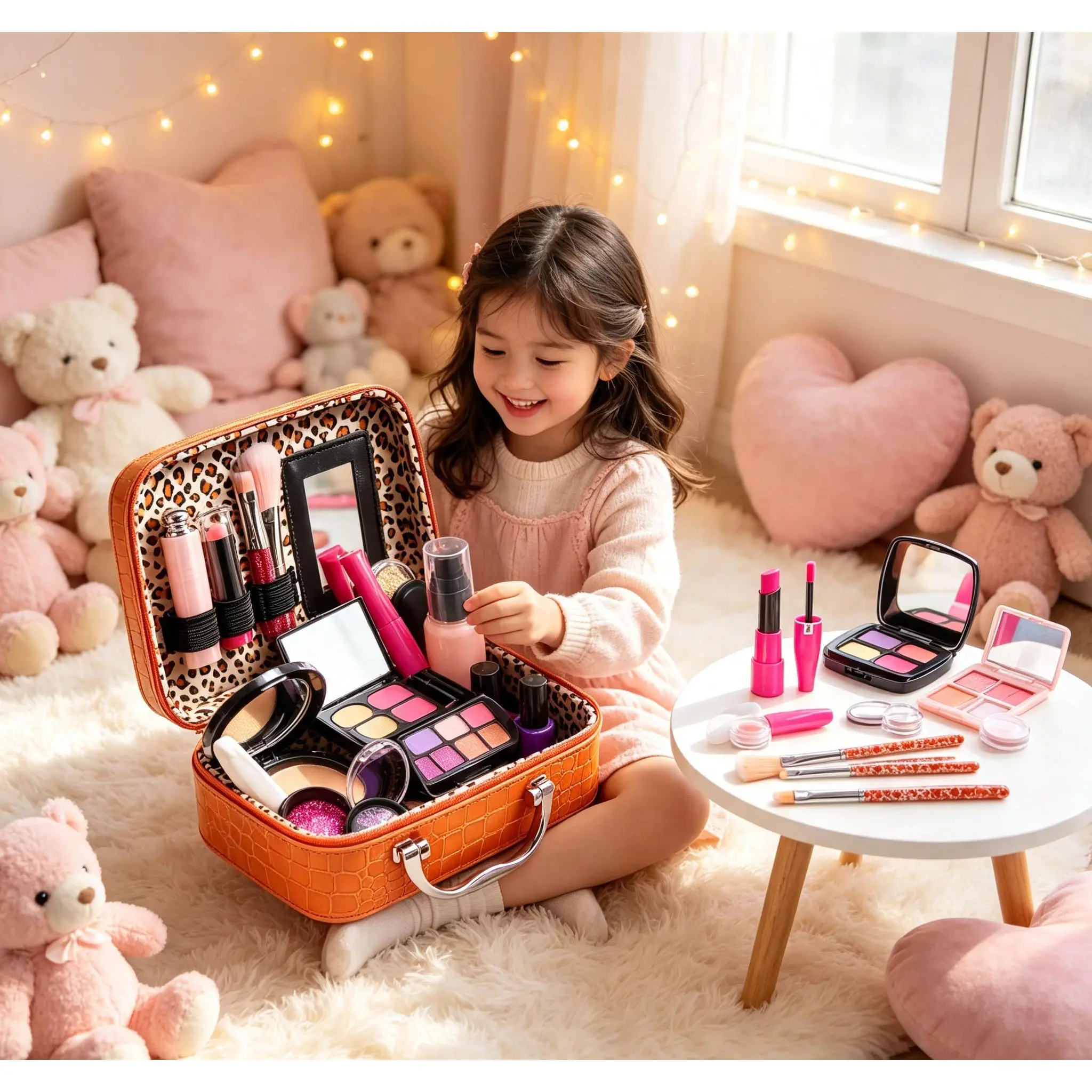 Pretend Play Makeup Set for Girls Ages 3+, Pigment-Free Non-Toxic Toy Cosmetics, Realistic Lipstick & Nail Polish with Portable Carry Bag, Perfect Birthday & Christmas Gift for Toddlers