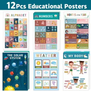 12 Pcs Kids Educational Learning Posters Cartoon ABC Numbers Planets Weather Body Parts Early Enlightenment Wall Decor for Home Classroom