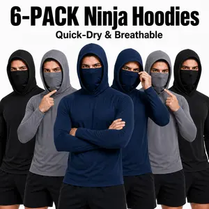 6-piece set men's outdoor work sun protection clothing with sun-blocking hoodie, featuring built-in face mask and neck guard, breathable long-sleeve hoodie