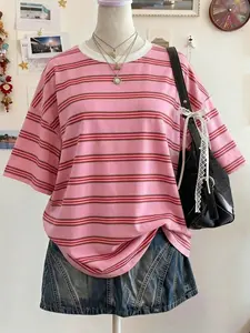 Women's Striped Loose Fit T-Shirt, Short Sleeve Round Neck Casual Everyday Tops, Soft Comfortable Daily Wear, Y2K Street Style, Summer Fashion Basic Tee