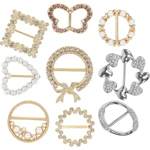 9 PCS T-Shirt Clips,Clothes Corner Knotted Button,Fashion Alloy Pearl Rhinestone Circle Clip Buckle Round Shirt Silk Scarf party  supplies gift