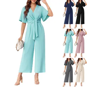 【US Shipping】Women’s V-Neck Jumpsuit – Elegant Short Sleeve Wide Leg Romper, Dressy Casual One Piece Outfit for Summer