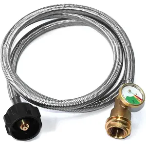 5   Tank Extension Hose Braided with Gauge -Leak Detector Replacement for Gas Grill, Heater and All Other  Appliances, Acme to Male QCC/POL Fittings