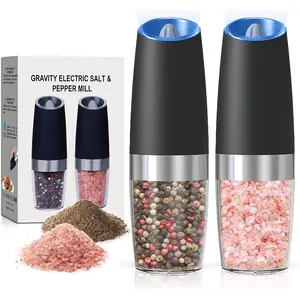 Battery Operated Salt And Pepper Grinder Set with LED Light, Automatic Electric Gravity Salt And Pepper Shakers Set, Each 6 AAA Batteries Needed, Adjustable Roughness, 2 Pack (Black)
