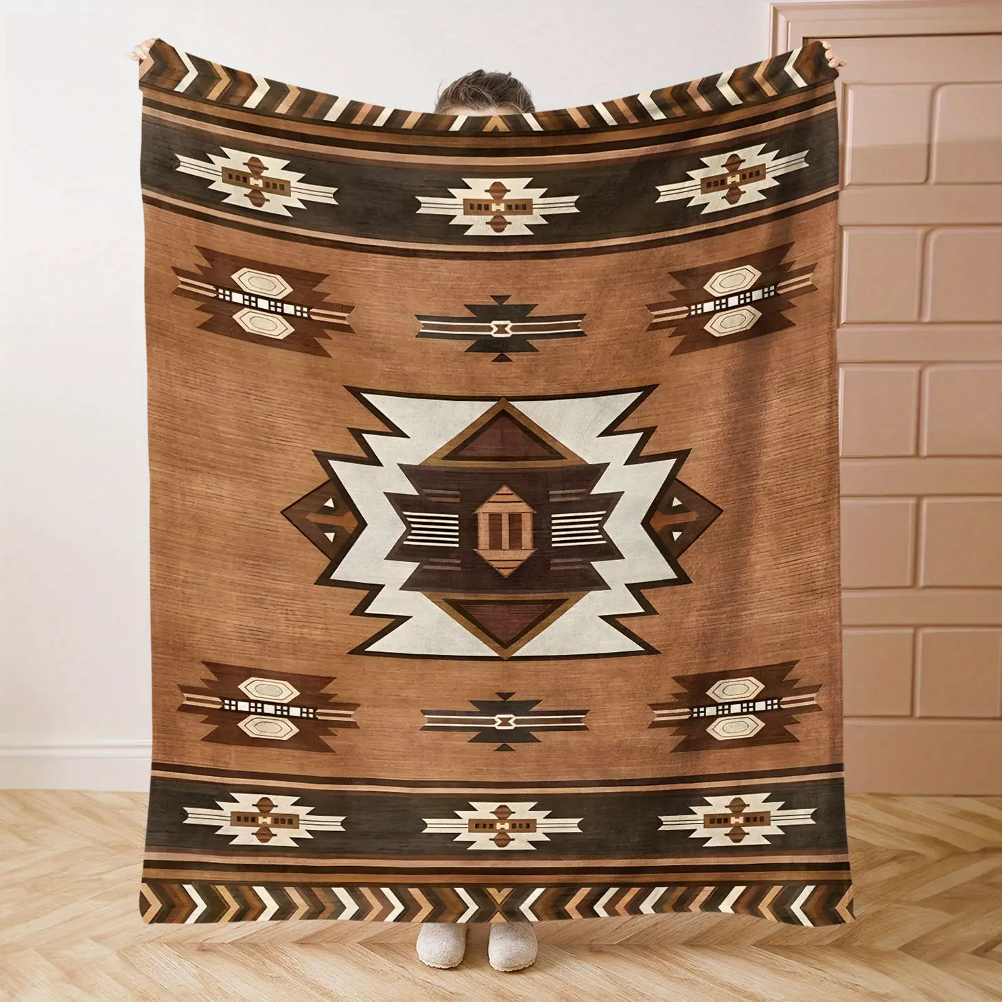 Vintage Aztec Pattern Comfortable Western Flannel Blanket - Soft, Warm, and Stylish, Suitable for Bed, Sofa, or Camping - Brown, White, and Beige Geometric Design, Machine Washable