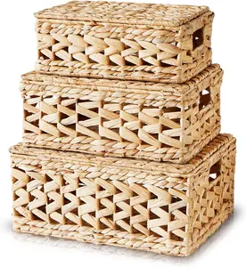 Storage Basket with Lid: Natural decorative wicker basket for shelves. This 14-inch lidded rattan basket set includes three woven boxes, perfect for organizing your space.