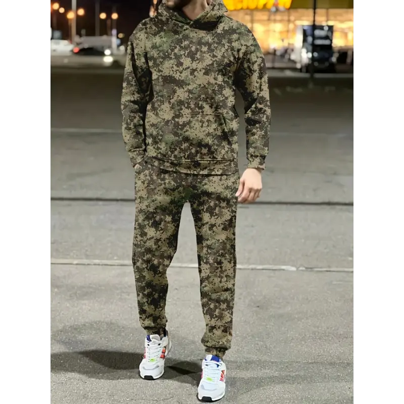 Male 2-Piece Camouflage Blend Tracksuit - Long Sleeve Hooded Sweatshirt & Jogger Pants, Machine Washable Casual Sports Outfit for Outdoor, Going Out Activities, Outfits, Athletic, No, Do Not Dry Clean, Polyester Knit