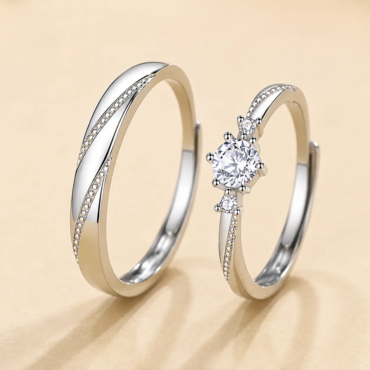 [2pcs Cubic Zirconia Engagement Ring Set] 2pcs Copper Wedding Ring Set, Silveryy Plated Romance Style Rings, with Synthetic Cubic Zirconia, for Engagement, Promise, Eternity, and Wedding Bands Combo Valentine‘s day