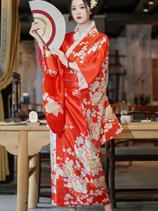 Elegant Red Sakura Butterfly Japanese Kimono Dress for Women  Traditional Yukata Robe with Obi Belt for Cosplay Festivals Photoshoots Wedding Parties Aesthetic Loungewear & Halloween Costume Vintage Floral Print Satin-like Long Sleeve Kimono Outfit