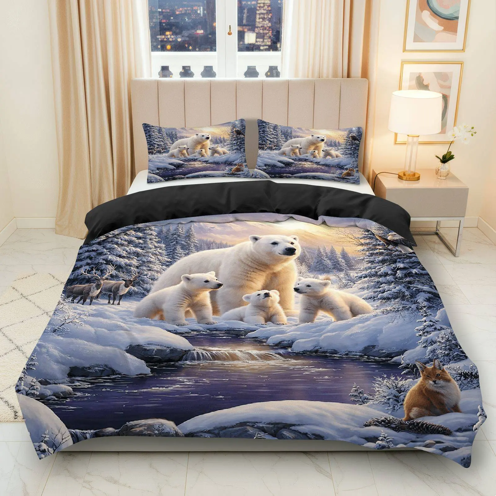 3PCS Duvet Cover Set, 1 Duvet+2 Pillowcases(Without filler), Polar Bear Snow Forest Animal Nature Winter theme, Christmas bedding set, Cozy Warm Comfortable Suitable for decoration Bedroom, Hotel, Guest Room, Cabin.