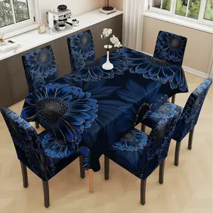 2/5/7PCS restaurant chair cover tablecloth, blue gold flower printed table and chair protective cover, elastic polyester fiber sliding cover, dirt resistant, sewn closed, suitable for home, office, hotel chair decoration, Chair Covers Set