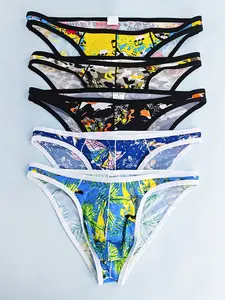5 pieces of men's sexy triangle underwear, cool and breathable, stylish with different prints, fine mesh hole design, suitable for beach leisure and Swimming wear, men's printed triangle swim trunks