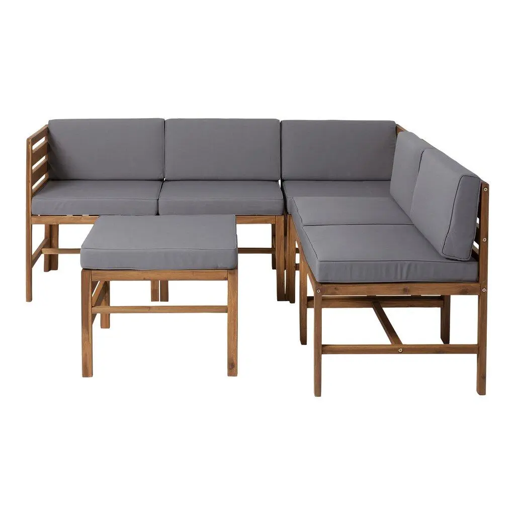 Walker Edison 22 in. Modern Modular Acacia 5-Seat 6-Piece Ottoman Set, Brown - UV Protection Sun-Resistant All-Weather Outdoor Furniture Sets for Patio Decor, Outdoor Patio, Front Porch, Removable Machine-Washable Cushion Covers