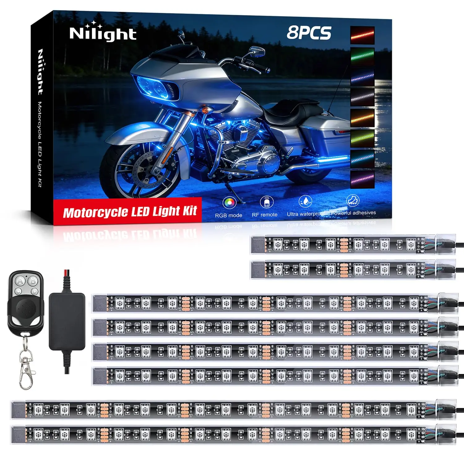 Nilight 8PCS Motorcycle RGB Led Light Kit Waterproof Multi-Color Atmosphere Lights Lamp with 4Key RF Wireless Remote for Harley Davidson Honda Kawasaki Suzuki Led Dashboard Led Backlights, Led Car Ambient Light, Motorcycle Accessories summervibes,summervi