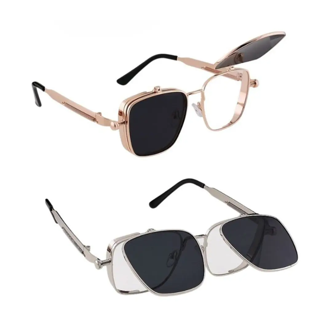 Vintage Steampunk Rectangle Sunglasses - Unisex Metal+Plastic Full Rimmed UV Protection UV400 Glare-Reducing Gray Tint Resin Lenses, 2-in-1 Flip Design Retro Eyewear for Driving, Outdoor Wear, Gold Frame Gray Lens, Sunglasses For Women, Men's Sunglasses