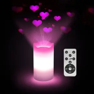 Valentine Flameless Candles, Romantic Heart Projector Lights, Battery Operated Night Light, Remote & Timer Included, LED Candle Décor, Home Decor Light