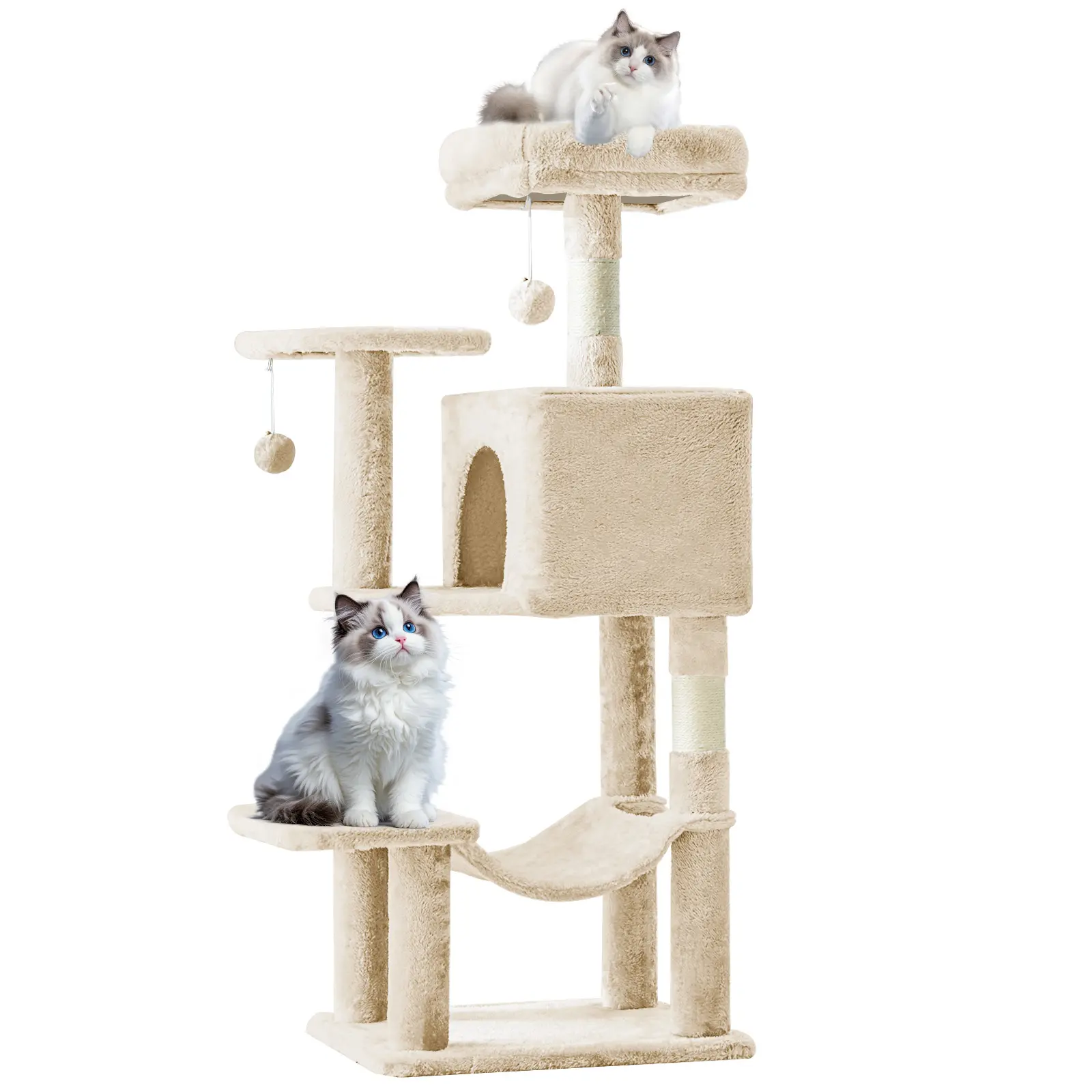Modern Freestanding Multi-Cat Climbing Tree Tower (44-in/66-in) with Natural Sisal Scratching Posts, Condo, Extended Platform, Hammock, Cardboard Pet House, Easy Assembly, Particleboard for Indoor Cats (Claw Sharper)