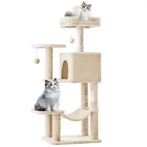 44/66 inch Cat Tree Tower, Multi-Cat Climbing Tower with Condo, Natural Sisal Scratching Posts, Extended Platform, Hammock, Pet House for Indoor Cats and Kittens Play