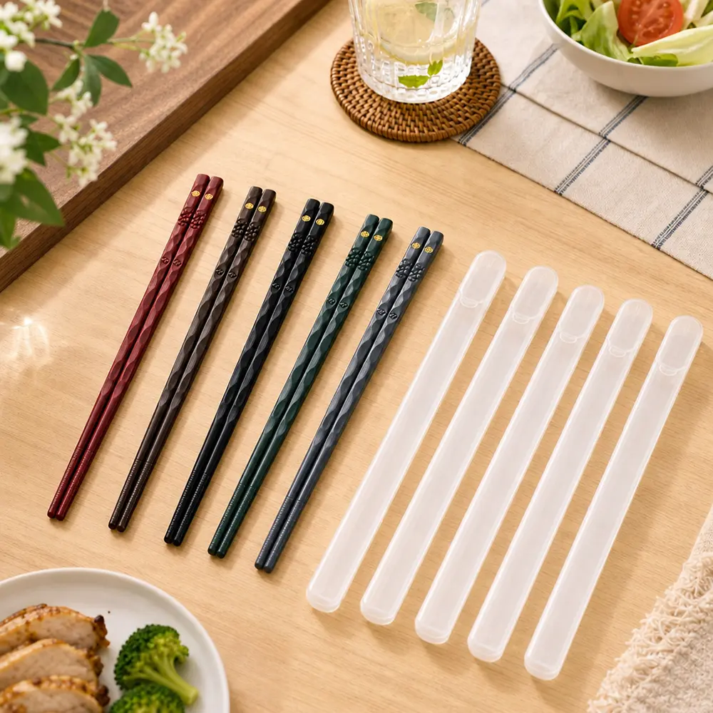 5 Pairs Dark Fiberglass Reusable Chopsticks Set, 9.6 Inch Non-Slip Dishwasher Safe Asian Utensils, Comes with 5 Portable Chopstick Storage Cases, Ideal for Home, Travel, Chinese Japanese Korean Food