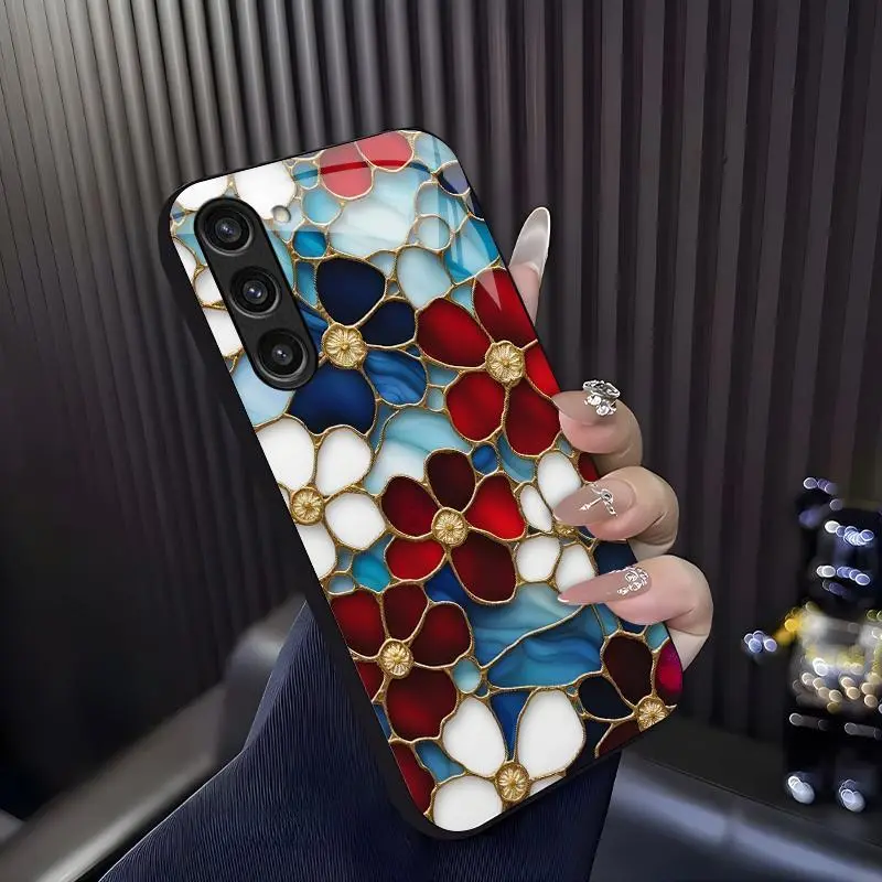 Cottagecore Aesthetic! Handcrafted stained glass floral case for Galaxy S23 5G, vintage art style shockproof cover — 975