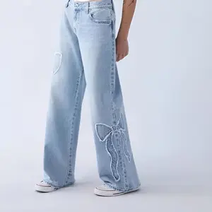 Women's High Rise Straight Leg Jeans – Loose Fit Denim with Frayed Hem & Bow-Tie Embroidery | Trendy Casual Pants for Everyday Street Style & Y2K Outfits Womenswear Bottom baggy jeans flare jeans Trouser Streetwear Basic Chunky Cotton Cropped